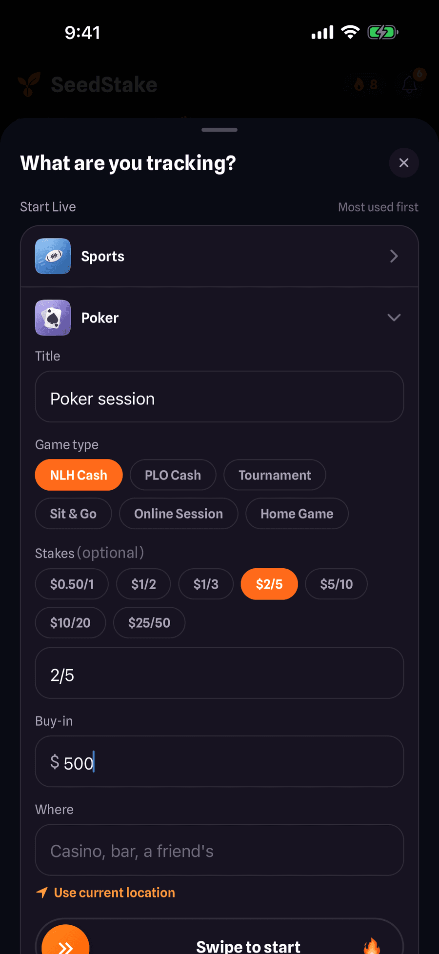SeedStake logging sheet with category, sub-type chips, stake presets, buy-in and venue